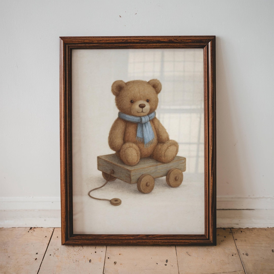 Vintage Teddy Bear Nursery Art Printable Boy Room Decor Pull Toy Wall ...