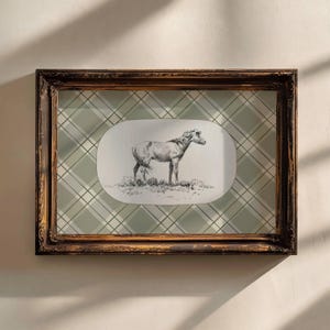 Vintage Horse Nursery Print for Boy Room Farm Animal Wall Art with Green Plaid Background Toddler Country Decor Printable Artwork | 45