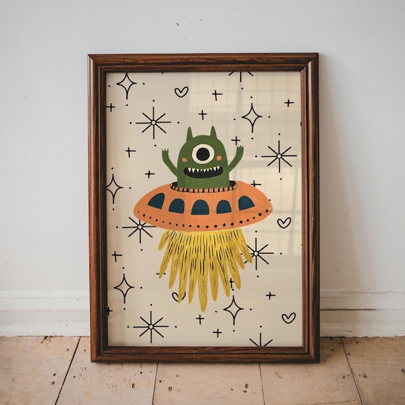 Whimsical Alien Wall Art Space Illustration for Kids Room Playroom Decor Cute UFO Artwork Fun Nursery Wall Art Digital Download | 29