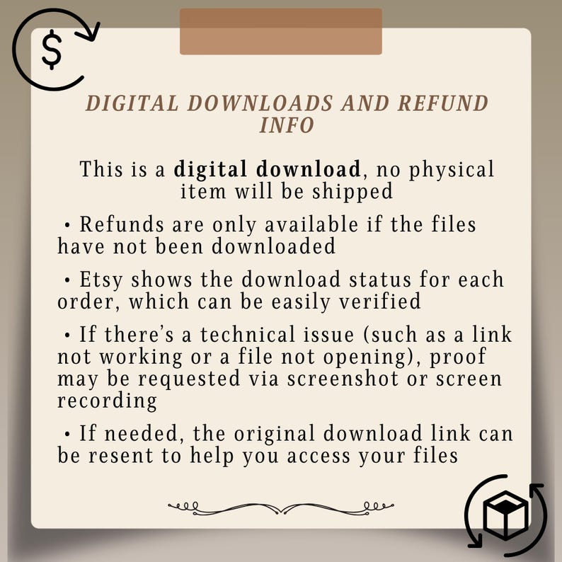 Puede incluir: Una hoja informativa beige que detalla informaci&oacute;n sobre descargas digitales y reembolsos. El texto explica las descargas digitales, los reembolsos y el soporte t&eacute;cnico. La imagen incluye un signo de d&oacute;lar y una caja con flechas.