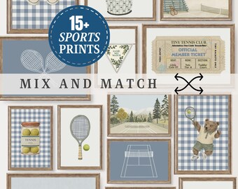 Wall Art Toddler Boy Room Dusty Blue & Sage Tennis Nursery Prints DIGITAL Wall Art Vintage Sports Decor for Boy Room Gingham Printable | S14