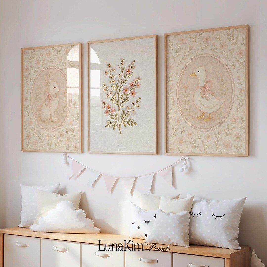 Pink Girl Nursery Wall Art Set of 3 Vintage Bunny Duck Floral Prints ...