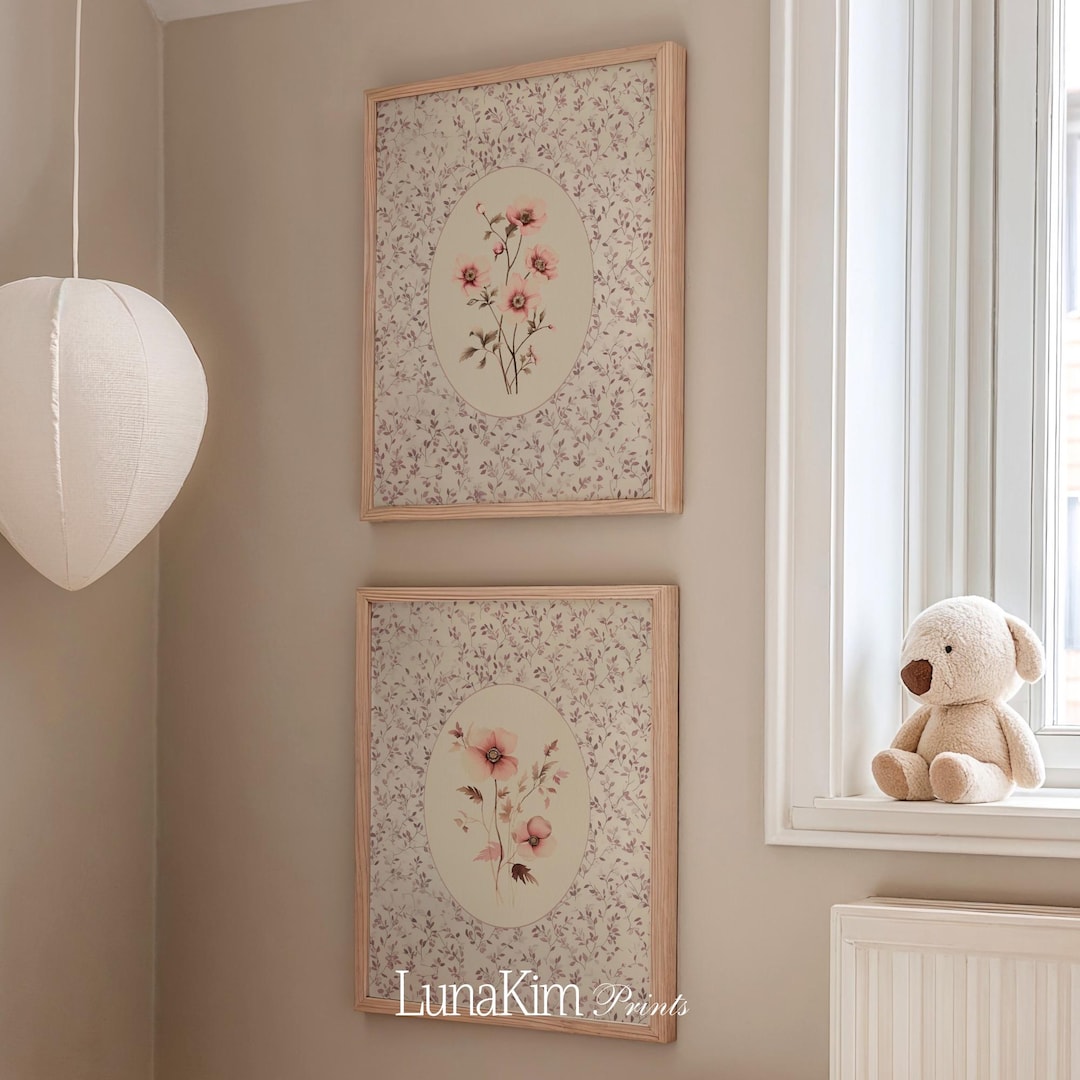 Vintage Floral Wall Art Set of 2 Neutral Nursery Prints Pink Botanical ...