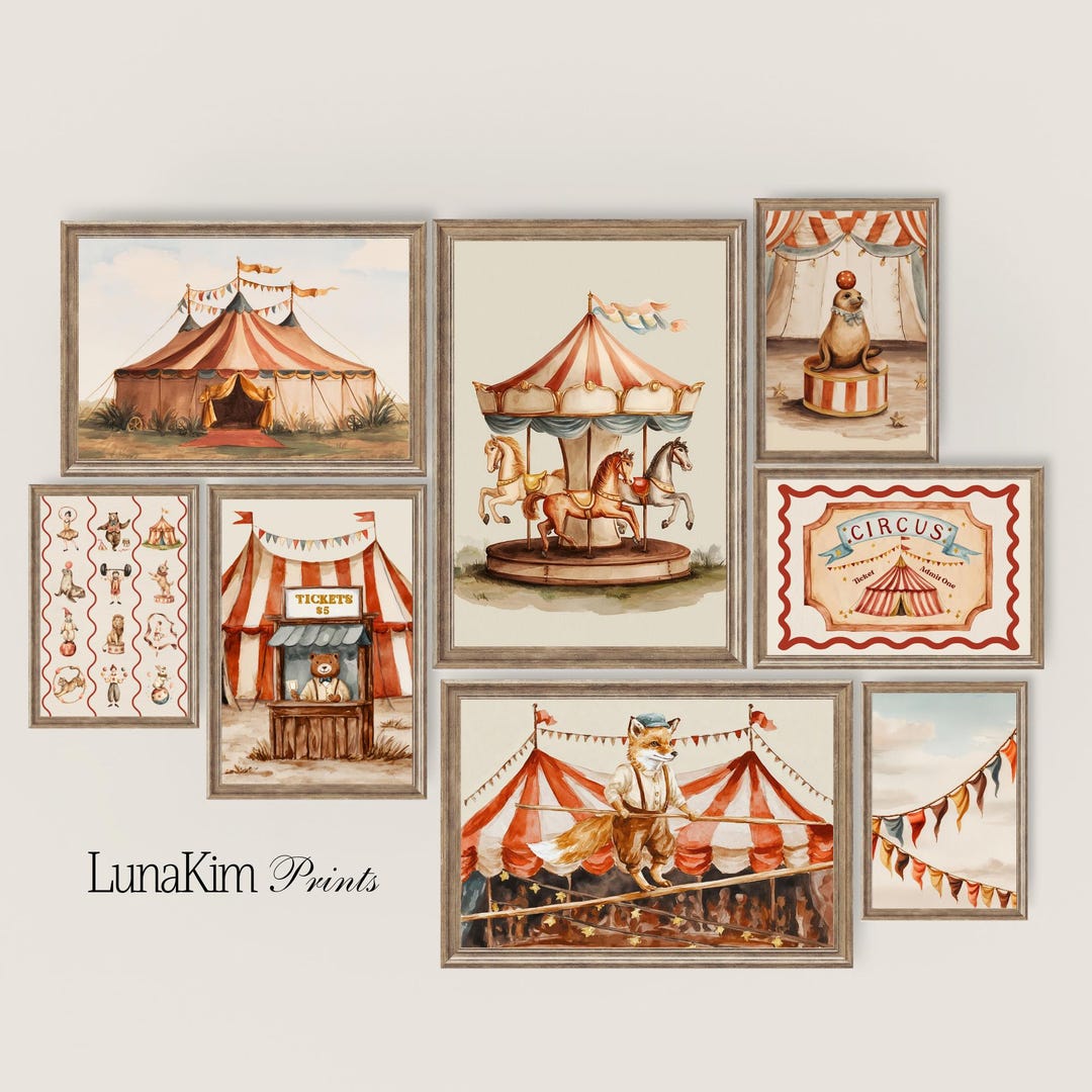 Boys Circus Nursery Wall Art Gallery Set Vintage Whimsical Carnival ...
