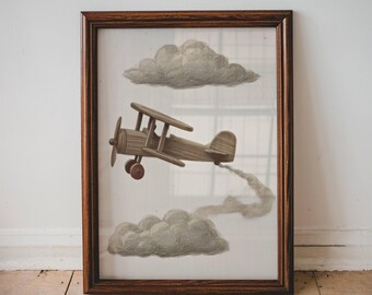 Stampa per cameretta dei bambini con aereo d'epoca, illustrazione divertente di un aereo per la cameretta dei bambini, decorazione murale per la camera dei bambini, neutra, stampabile, aereo d'epoca / 30