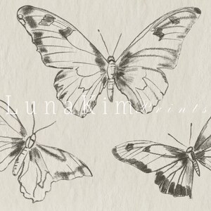 Puede incluir: Un dibujo en blanco y negro de tres mariposas sobre un fondo beige. Las mariposas est&aacute;n en varias posiciones, con sus alas extendidas. El dibujo es simple y elegante, con un toque vintage.