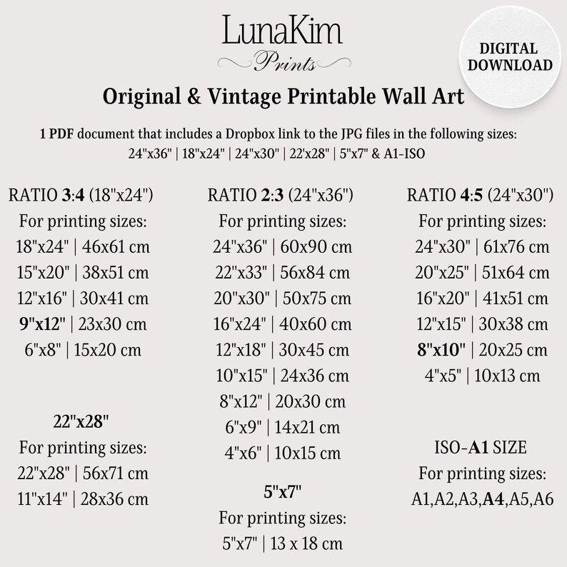 May include: A printable wall art guide with different aspect ratios and sizes for printing. The guide includes sizes in inches and centimeters, such as 18x24 inches, 24x36 inches, and 24x30 inches. The guide also includes a 5x7 inch size and ISO-A1 size.