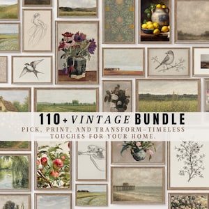 Living Room Bundle Set of 110+ Gallery PRINTABLE Vintage Wall Art Collection Floral Art for Kitchen Decor Muted Nursery Floral Prints | S1