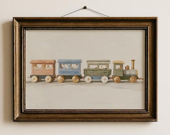 Impresión de arte de pared con tren de juguete de madera para niños, diseño vintage de acuarela, decoración para habitación infantil, sala de juegos infantil, impresión de transporte / 66