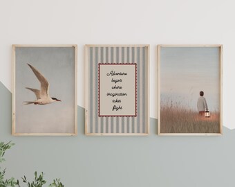 Adventure Gallery muur set van 3 vintage prints jongens kinderkamer rustige quote kunst voor speelkamer of kinderen slaapkamer decor gedempte blauwe vogel print | S2