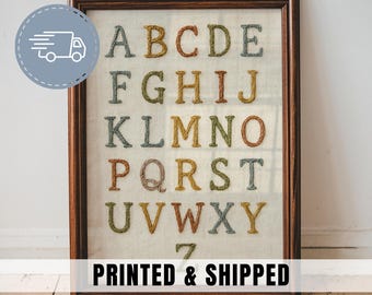 Boy Nursery Alphabet Print Vintage Embroidery  STYLE ABC Wall Art Toddler Room Educational Decor Rustic Boy Wall Print Learning Artwork | 09