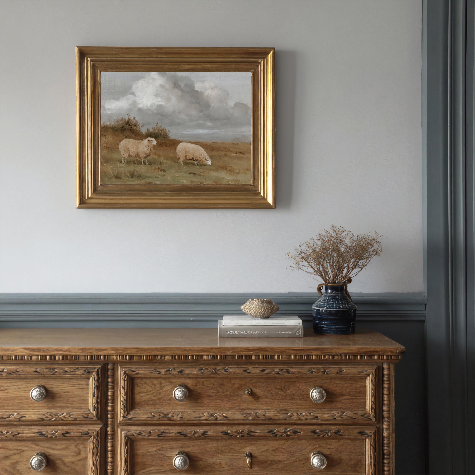 Vintage Sheep Landscape Wall Art Pastoral Farm Painting Neutral ...