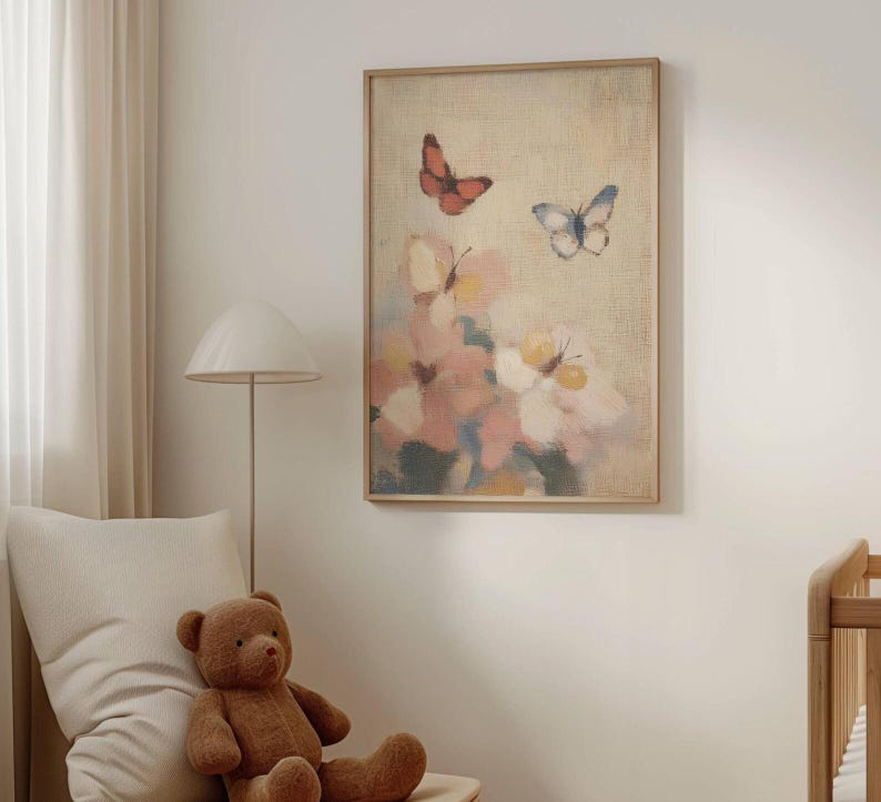 Vintage Butterfly Floral Art Print Antique Botanical Flower Painting ...