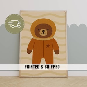 Impresión de guardería de oso astronauta, lindo arte de pared espacial retro para habitación de niño pequeño o sala de juegos, traje espacial naranja, decoración de animales, impreso y enviado / 6