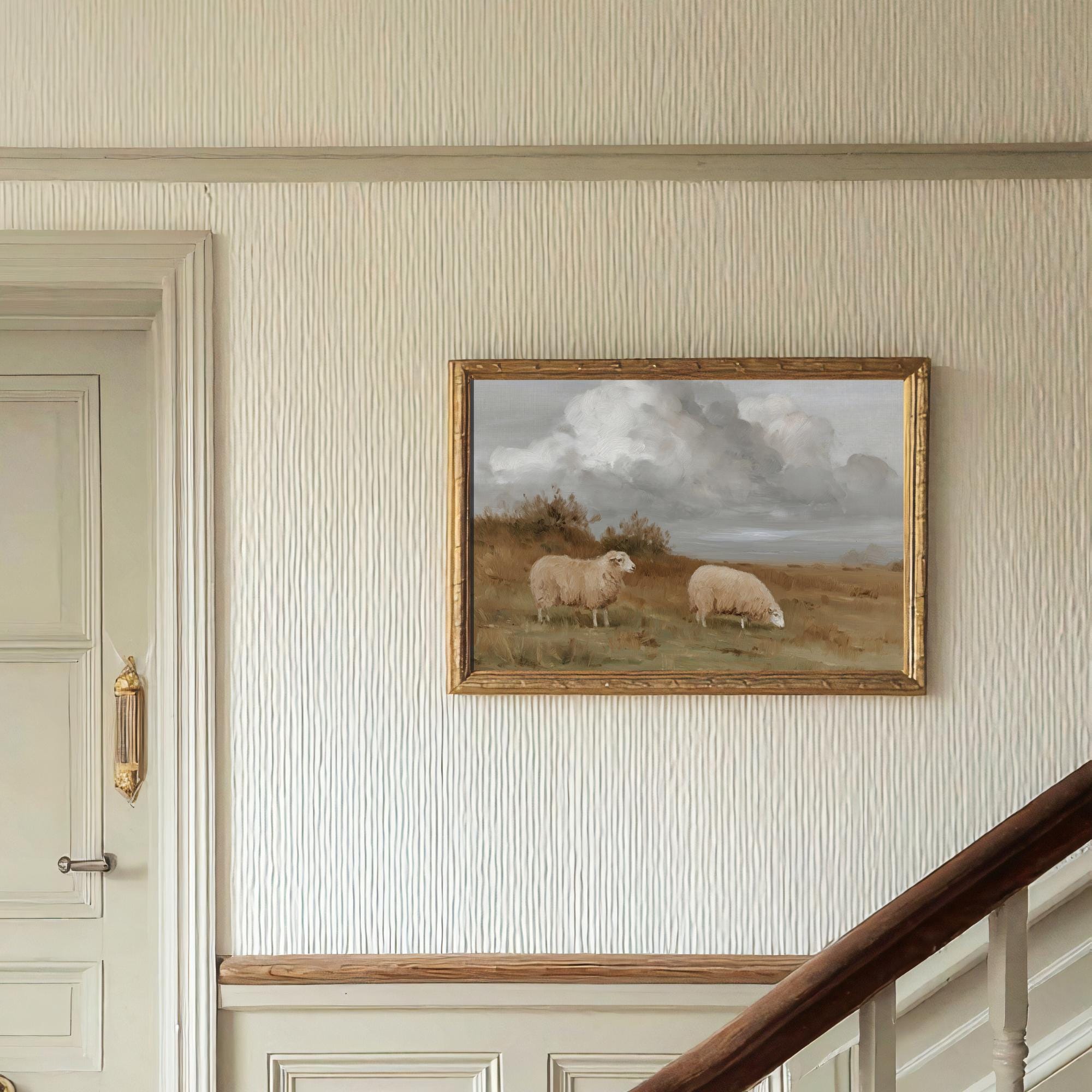 Vintage Sheep Landscape Wall Art Pastoral Farm Painting Neutral ...