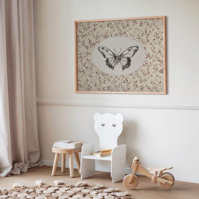 May include: A framed print with a vintage illustration of a butterfly on a background of delicate floral sprigs in shades of pink and brown.