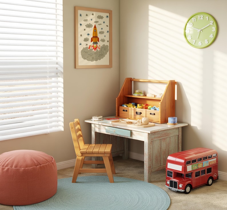 May include: A wooden desk with a light blue drawer, a matching wooden chair, and a wooden desktop organizer containing small toys. A red double-decker bus toy sits on the floor next to a round blue rug and a pink pouf, with a rocket ship wall art.
