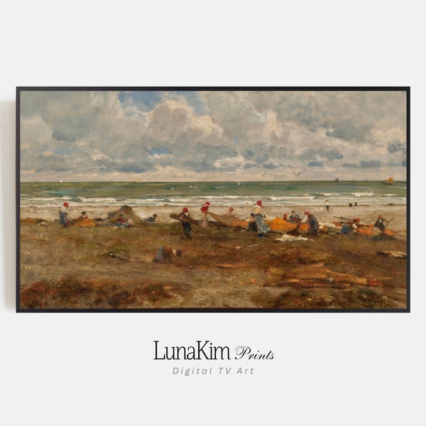 Samsung Tv Frame Art Moody Seascape Painting Samsung Tv Frame People on Beach Seascape TV Frame Art Instant Digital Tv Frame Art |