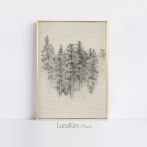 Living Room Forest Sketch Serene Pine Trees Wall Art Print Black and White Nature Drawing Neutral Tranquil Landscape Decor | 159