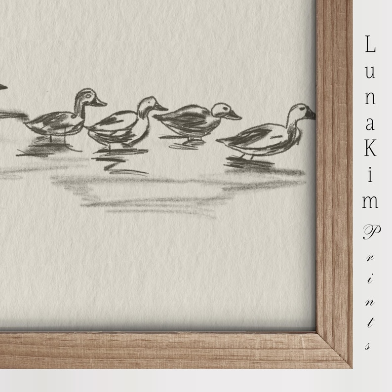 May include: A black and white pencil drawing of five ducks swimming in a row. The ducks are facing the right side of the image. The drawing is framed in a light brown wood frame.