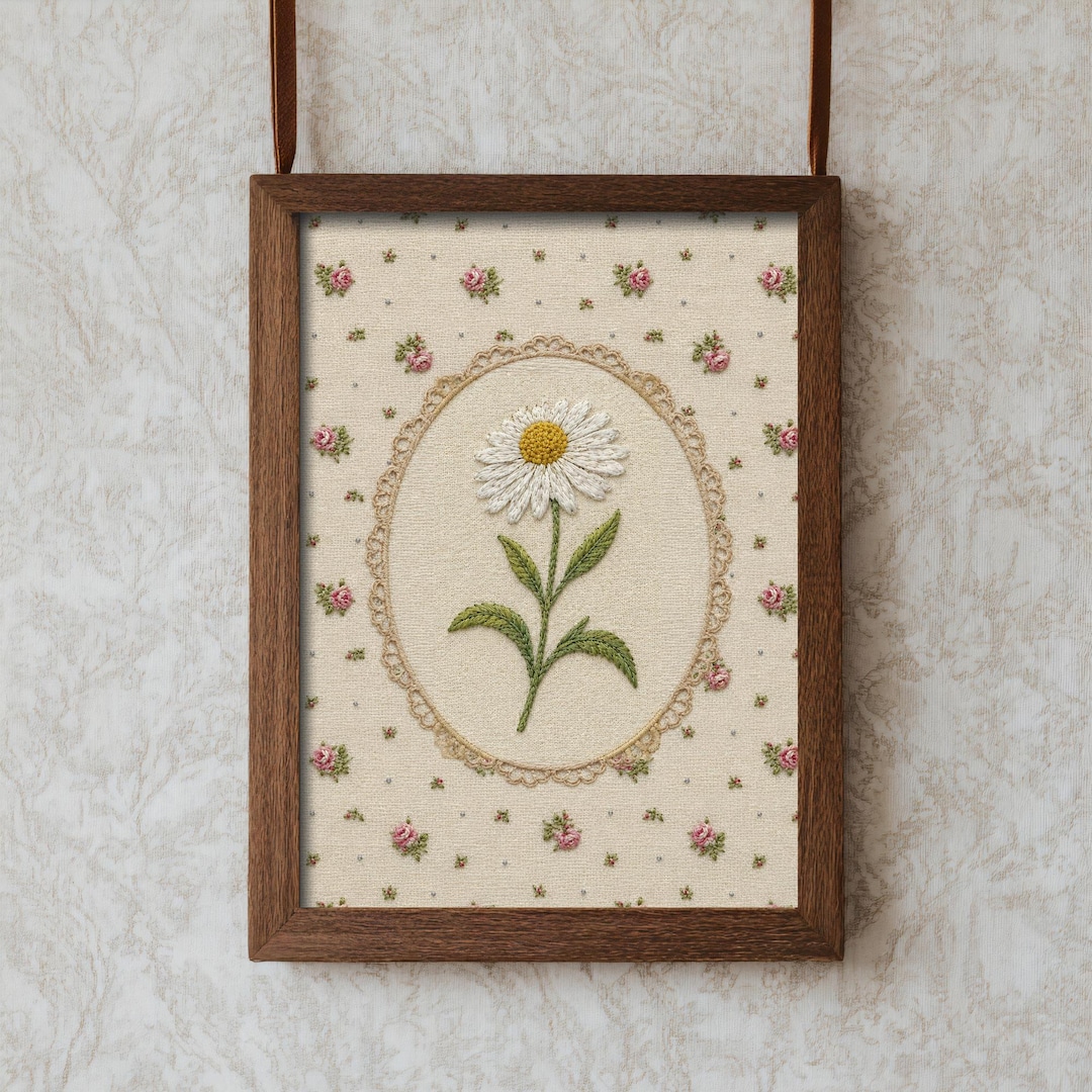 Vintage Daisy Nursery Wall Art Embroidered Style Botanical Printable ...