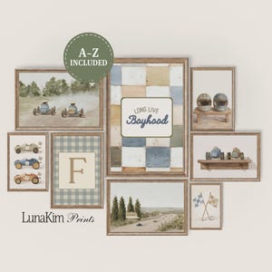 May include: A collection of framed wall art with a vintage racing theme. The set includes prints of classic race cars, a checkered pattern, and the text "Long Live Boyhood". The color scheme features beige, blue, and brown tones.