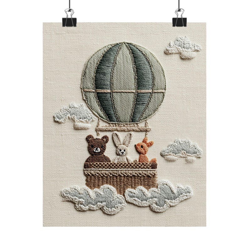 Hot Air Balloon Nursery Print Green Art Bear Bunny Fox Kids Room Wall Art Embroidered Textile Style Illustration Woodland Nursery Decor | 75 image 2