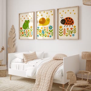 Whimsical Insect Nursery Print Set For Girls Frog Snail And Ladybird Art With Flowers And Stars Cute Decor For Toddler Or Baby Room | S01