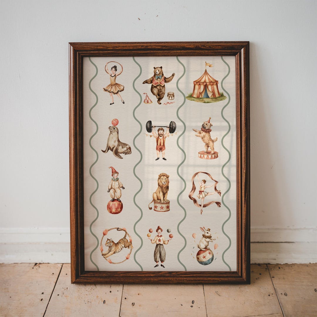 Vintage Circus Nursery Print Retro Carnival Animal Kids Room Wall Art ...