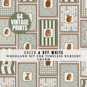 Woodland Animal Nursery Prints Baby Room Art Vintage Green Background Set Digital Download Girl & Boy Animal Wall Art for Kids Room | S3