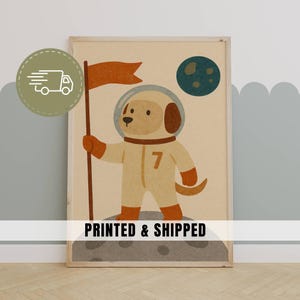 Astronaut Dog with Flag Nursery Print Whimsical Space Pup Wall Art for Toddler Boy Room or Playroom Retro Style Printed & Shipped Decor | 13