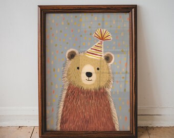 Party Bear Nursery Print Cute Animal Wall Art Kids Room Decor Toddler Playroom Illustration Printable Bear Artwork Cute Kids Animal Art | 39
