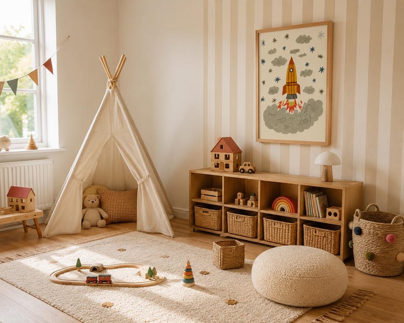 May include: A children's playroom featuring a cream-colored canvas teepee, a wooden storage unit with woven baskets, a framed rocket ship wall print, a wooden train set on a textured rug, a round cream pouf, and a woven basket with colorful pom-poms.