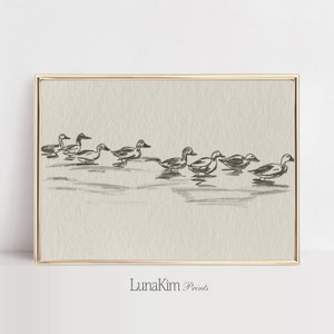 May include: A black and white line drawing of a group of ducks swimming in a row. The ducks are drawn in a simple, minimalist style, and the water is depicted with subtle shading.