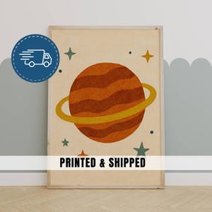 Stampa per cameretta dei bambini "Orange Planet", decorazione da parete con stelle e spazio stravagante, per la cameretta dei bambini o la sala giochi, stile retrò, stampata e spedita / 3