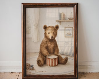 Vintage Style Bear Nursery Print Boy Room Watercolor Bear Artwork Printable Kids Bedroom Wall Art Storybook Animal Digital Download | 08