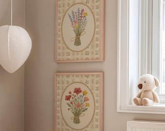 Láminas infantiles Ramo de flores rosas Galería de pared Decoración de dormitorio de niña Arte femenino Arte de punto de cruz vintage Arte de pared floral Juego de 2 Cottagecore / S25