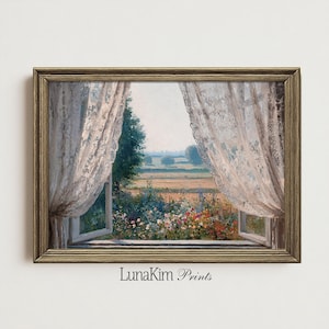 Bedroom Vintage Print Countryside Window View PRINTABLE Landscape Nursery Wall Art Fields and Wildflowers in Soft Painterly Texture | 67