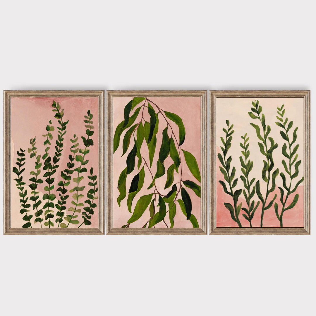 Botanical Wall Art Set 3 Green Leaf Prints Pink Background Living Room ...