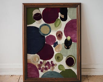 Abstract Still Life Wall Art Food and Wine Print Colorful Modern Dining Room Kitchen Decor Contemporary Fruit Grapes Wine Bottle Artwork | 8