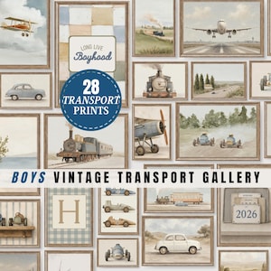 May include: A collection of 28 framed vintage transport prints, including airplanes, trains, and cars. The prints are in a variety of sizes and feature a watercolor style. The text "LONG LIVE Boyhood" and "28 TRANSPORT PRINTS" are visible.