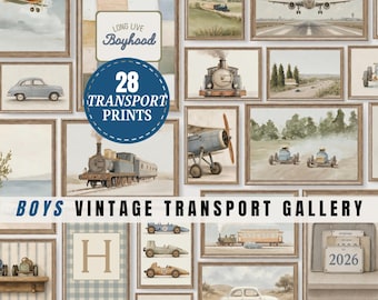 Vintage Boys Transport Gallery Wall Set of 28 Prints Cars Trains Planes Artwork for Boy Nursery Room Decor Neutral Adventure Wall Art | S23
