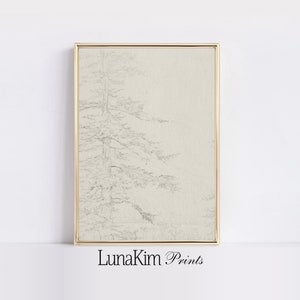 Neutral Vintage Landscape Tree Sketch | Soft Tree Art | Digital Download | Botanical Etching | Neutral Living Room Decor Drawing | 92