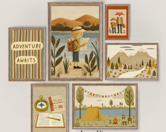 Adventure Nursery Wall Art Boys Camping Prints Explorer Woodland Gallery Playroom Decor Toddler Room Vintage Adventure Set PRINTABLE | S24