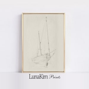 Minimal Boat Sketch | Nautical Digitial Download | Neutral Sailboat Drawing | Bathroom Decor | Nautical Sailboat Etching Art Print | 55