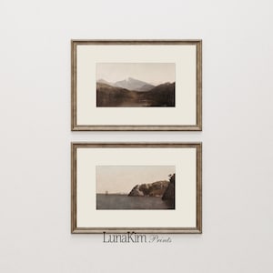 Muted Brown Landscape Painting Set of Two Mountain Prints Warm Tone Wall Art Brown Living Room Decor Set Country House Farmhouse Art Set | 4