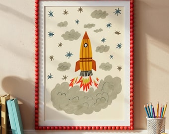 Rocket Ship Space Print Kids Wall Art Outer Space Illustration for Boys Room Playroom Nursery Decor Digital Download Boys Wall Art | 16