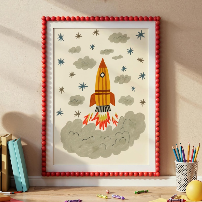 Rocket Ship Space Print Kids Wall Art Outer Space Illustration for Boys Room Playroom Nursery Decor Digital Download Boys Wall Art | 16 image 1