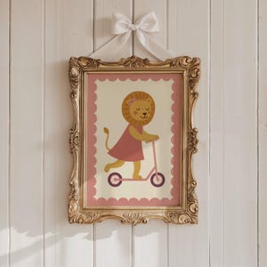 Lion Nursery Print Cute Animal on Scooter Illustration for Playroom or Toddler Room Wall Decor PRINTABLE Artwork Whimsical Girl Decor | 79