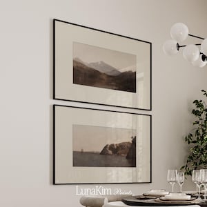 落ち着いたブラウンの風景画 2枚セット 山のプリント 温かみのある色調 ウォールアート ブラウン リビングルーム デコレーションセット カントリーハウス ファームハウス アートセット | 3